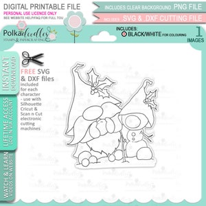 Wichtel mit Schneemann Weihnachten Festlicher Spaß - - Niedlicher digitaler Stempel druckbare Clipart für Karten, Kartenherstellung, Basteln