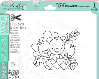 Easter/Spring Chicks in a basket - Cute Digital Stamp printable clipart for cards, cardmaking, craft, stickers