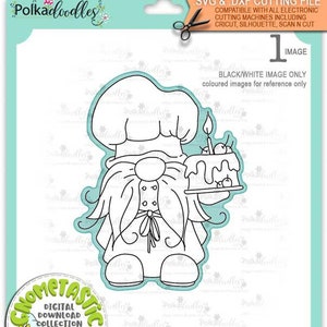Spring Gnome Pastel de cumpleaños chef / horneado - Lindo sello digital clipart imprimible para tarjetas, fabricación de tarjetas, artesanía, pegatinas -