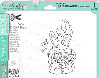 Spring Gnome bunch of flowers - Cute Digital Stamp printable clipart for cards, cardmaking, craft, stickers -