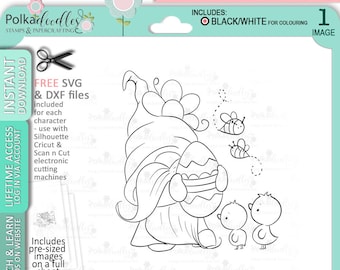 Easter/Spring Gnome with chicks and easter eggs - Cute Digital Stamp printable clipart for cards, cardmaking, craft, stickers -