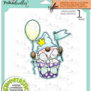 Frühlingswichtel Cupcake Überraschungsballon (Farbe deep skintone) - Niedliche digitale Stempel druckbare Clipart für Karten, Kartenmachen, Basteln, Sticker -