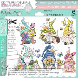 Spring Flower Gnome (couleur) offre groupée de valeur - 6 x Clipart imprimable Cute Digital Stamp pour cartes, fabrication de cartes, artisanat, autocollants -