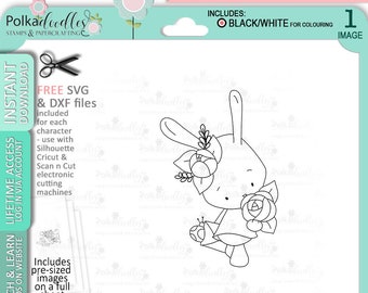 Bunny Rabbit with Roses/flower - Cute Digital Stamp printable clipart for cards, cardmaking, craft, stickers