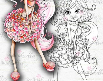 Darling Buds Dahlia Fairy Flower girl - Cute Digital Stamp printable clipart for cards, cardmaking, craft, stickers