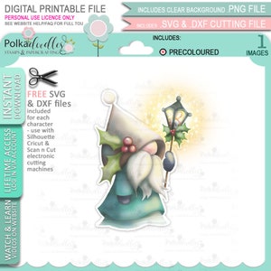 Wichtel mit Laterne Weihnachten Festlicher Spaß - (Farbe) - Süßer digitaler Stempel druckbare Clipart für Karten, Kartenherstellung, Basteln