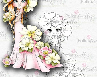 Puede incluir: Una ilustración digital de un hada con el pelo rosa y un vestido rosa adornado con flores blancas. El hada está rodeada de flores blancas. La imagen incluye una versión en blanco y negro de la ilustración.