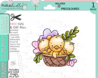 Easter/Spring Chicks in a basket - pre colored Cute Digital Stamp printable clipart for cards, cardmaking, craft, stickers