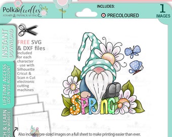 Spring Gnome - Cute Digital Stamp printable clipart for cards, cardmaking, craft, stickers -