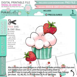 Strawberry Cream Cupcake (precoloured) - Cute Digital Stamp printable clipart for cards, cardmaking, craft, stickers