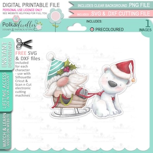 Wichtel mit Eisbär Schlitten Weihnachten Festlicher Spaß - (Farbe) - Süßer digitaler Stempel druckbare Clipart für Karten, Kartenherstellung, Basteln
