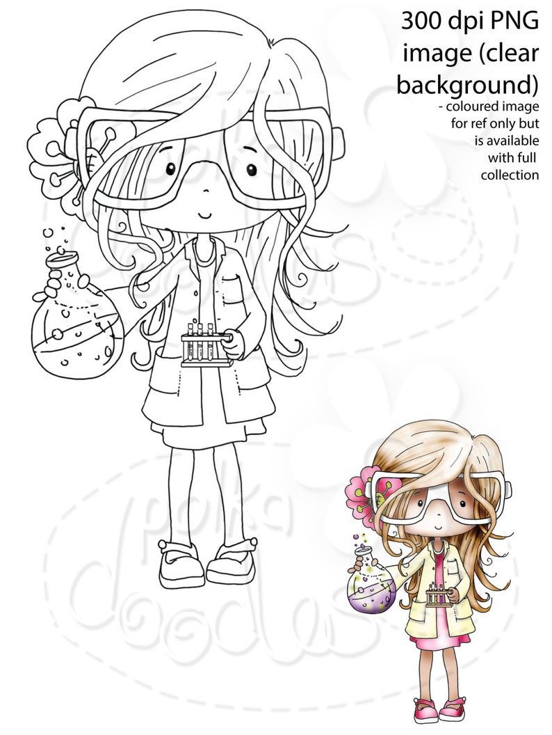 May include: A black and white line art illustration of a girl wearing goggles and a lab coat, holding a beaker and test tubes. She has long, curly hair and a flower in her hair.