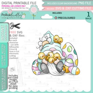 Easter/Spring Gnome with chicks & easter eggs - COLOUR Cute Digital Stamp printable clipart for cards, cardmaking, craft, stickers -