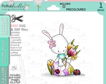 Easter Bunny Rabbit with Easter eggs - Colour Cute Digital Stamp printable clipart for cards, cardmaking, craft, stickers