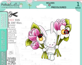 Bunny Rabbit Bunch of Flowers/Bouquet - pre colored Cute Digital Stamp printable clipart for cards, cardmaking, craft, stickers