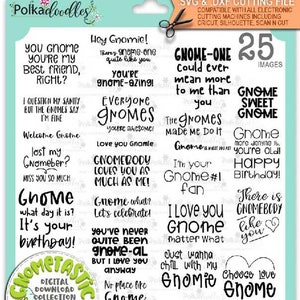 Sentiments de célébration Spring Gnome, citations et jeux de mots amusants - 25 Cute Digital Stamp clipart imprimable pour cartes, fabrication de cartes, artisanat