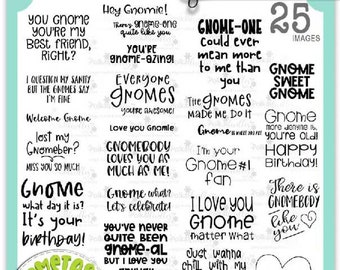 Spring Gnome celebration sentiments, quotes and funny puns - 25 Cute Digital Stamp printable clipart for cards, cardmaking, crafting