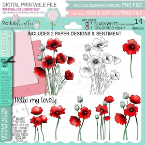May include: A digital download of 14 images of red poppies. The images include 7 black and white line drawings and 7 colored illustrations. The images are perfect for crafting projects, scrapbooking, and card making. The text "Hello my Lovely" is included in the image.