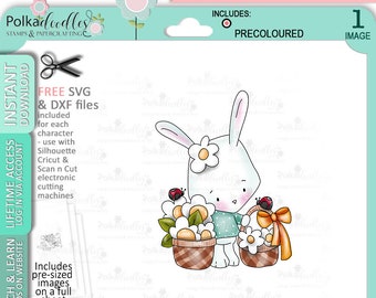 Easter Bunny Rabbit with Easter egg basket - COLOR Cute Digital Stamp printable clipart for cards, cardmaking, craft, stickers