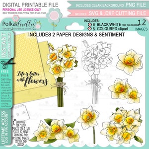 Pacote Flowers & Blooms Daffodil - 12 selos digitais, papéis, sentimentos, arquivos SVG clipart imprimíveis para cartões, confecção de cartões, artesanato, adesivos