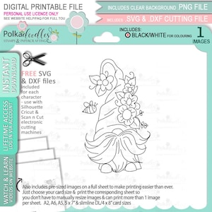 Spring Flowers Gnome - Cute Digital Stamp printable clipart for cards, cardmaking, craft, stickers -