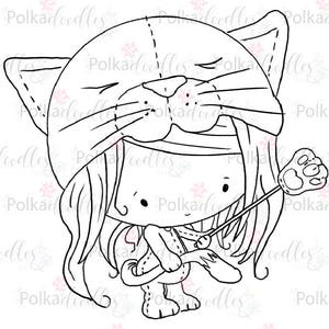 Kitten cat hat girl - Cute Digital Stamp printable clipart for cards, cardmaking, craft, stickers