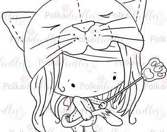 Kitten cat hat girl - Cute Digital Stamp printable clipart for cards, cardmaking, craft, stickers