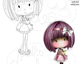 Puede incluir: Una ilustración digital de una niña con cabello rosado y un vestido rosado sosteniendo una manzana. Lleva sandalias y un lazo rosa en el cabello. La imagen está sobre un fondo blanco.