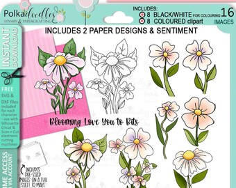 Flowers & Blooms 1 bundle - 16 Digital Stamps, papers, sentiment, SVG files printable clipart for cards, cardmaking, craft, stickers