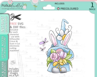 Spring Gnome bunch of flowers - COLOUR Cute Digital Stamp printable clipart for cards, cardmaking, craft, stickers -
