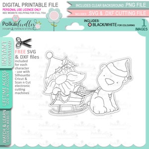 Wichtel mit Eisbär Schlitten Weihnachten Festlicher Spaß - - Niedlicher digitaler Stempel druckbare Clipart für Karten, Kartenherstellung, Basteln