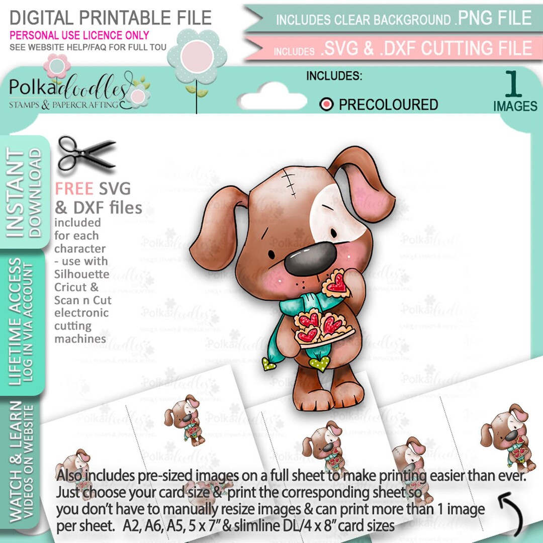 Scruff Dog With Heart Cookies colour3 Too Cute Printable - Etsy