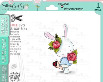 Bunny Rabbit with Roses/flower - Precolored Cute Digital Stamp printable clipart for cards, cardmaking, craft, stickers