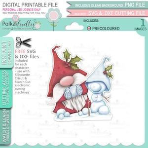 Wichtel mit Schneemann Weihnachten Festlicher Spaß - (Farbe) - Süßer digitaler Stempel druckbare Clipart für Karten, Kartenherstellung, Basteln