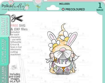 Easter/Spring Gnome with Happy Easter banner - COLOUR Cute Digital Stamp printable clipart for cards, cardmaking, craft, stickers -