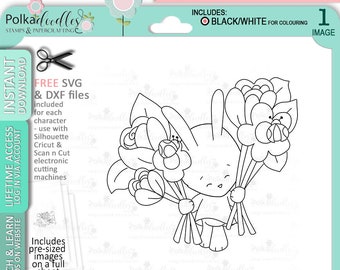Bunny Rabbit Bunch of Flowers/Bouquet - Cute Digital Stamp printable clipart for cards, cardmaking, craft, stickers
