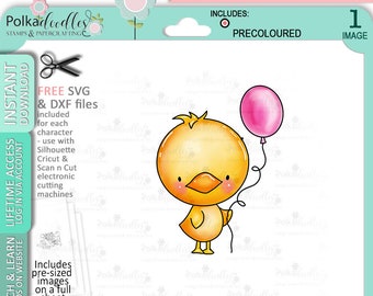 Easter/Spring Chick with balloon - COLORED Cute Digital Stamp printable clipart for cards, cardmaking, craft, stickers