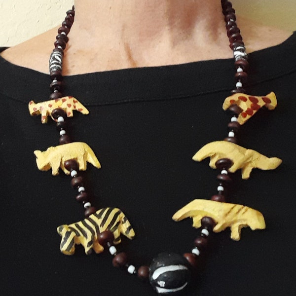 African Animals Necklace, Hand Carved Wood and Beads  Women, Girls, Made by the Maasai village "Mama's" in Masai Mara, Kenya