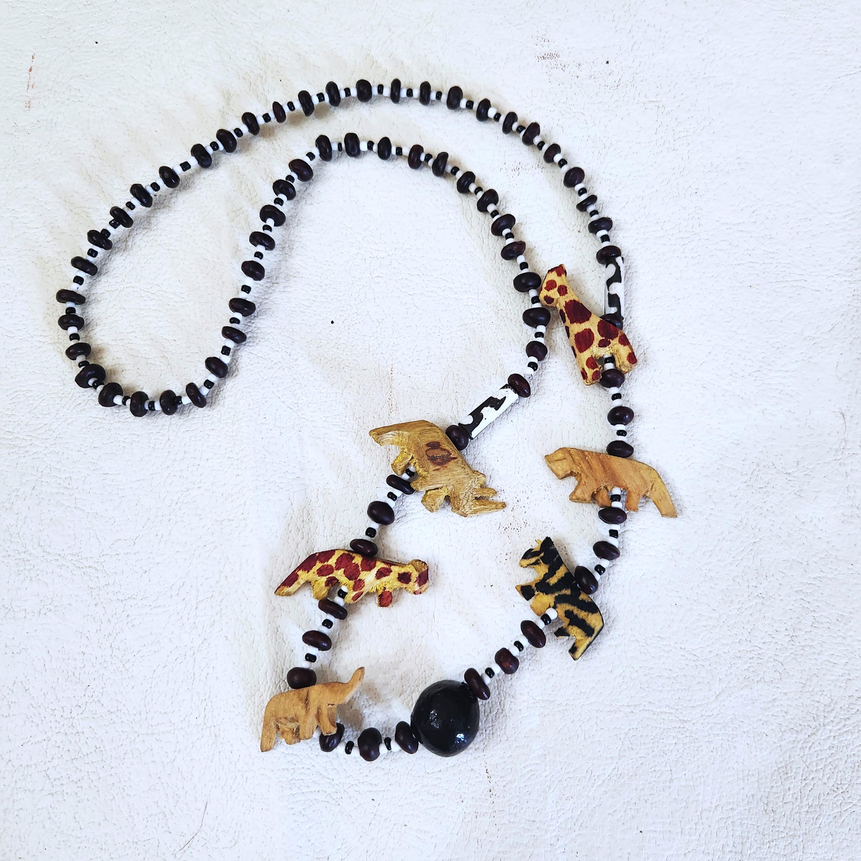 Hand Carved African Animals Necklace, Maasai Beaded Wood Jewelry