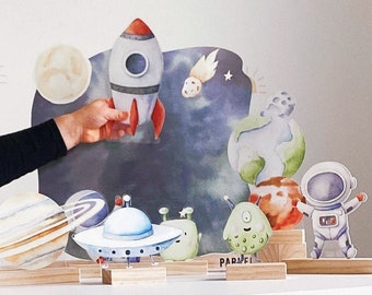Outer space playscape, imagination scene setter, solar system shelfie decor, nursery decor, Waldorf Open-Ended Toy