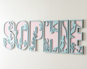 Name sign, nursery name sign, mermaid name sign for kids room, cut out name sign, layered name sign, mermaid under the sea room