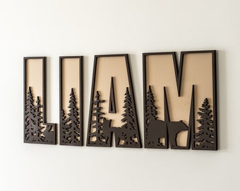 Name sign, nursery name sign, woodland name sign for kids room, cut out name sign, layered name sign, forest animal tree decor