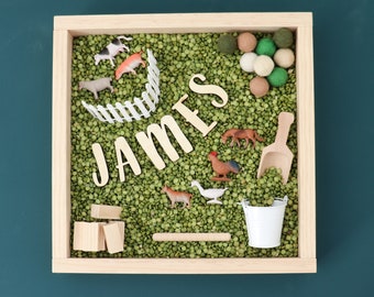 May include: A wooden tray filled with green split peas, a small white picket fence, toy farm animals, a wooden scoop, a small white bucket, and wooden blocks that spell out the name "JAMES".