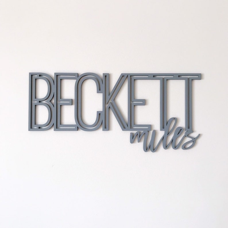 Puede incluir: Un letrero de madera gris con el nombre "Beckett Miles" en una fuente en capas y dimensional.