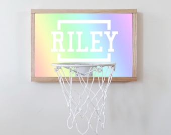Personalized Mini Basketball Hoop: Natural Wood Backboard, White Rim Rainbow Ombre