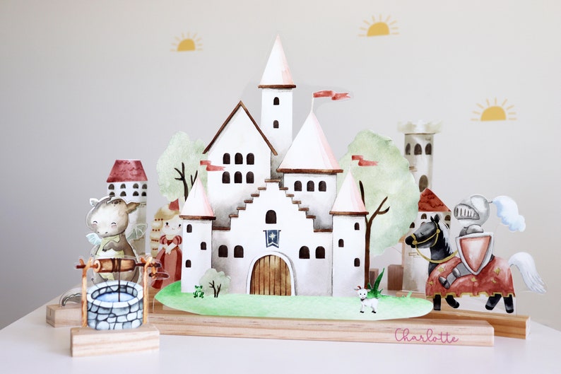 Castle princess and knights playscape, imagination scene setter, castle shelf decor, nursery decor image 3