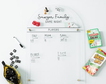 Family game night score tracker, personalized game night score card with hanging hardware, acrylic standoff dry erase board, game room decor