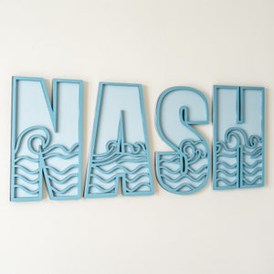 Personalized Waves Name Sign | Custom Nursery Decor | Surfing Themed Cut-Out Name Sign | Layered Wooden Name Sign for Kids Room
