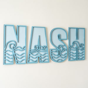 Name sign, nursery name sign, waves name sign for kids room, cut out name sign, layered name sign, california surfing decor