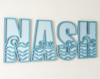 Name sign, nursery name sign, waves name sign for kids room, cut out name sign, layered name sign, california surfing decor